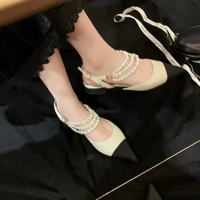 New Pearl Chain Color Block Chunky Heel Open Toe Flats One Strap Buckle Pointed Women Shoes 360-8 · YANYAN China shoe factory