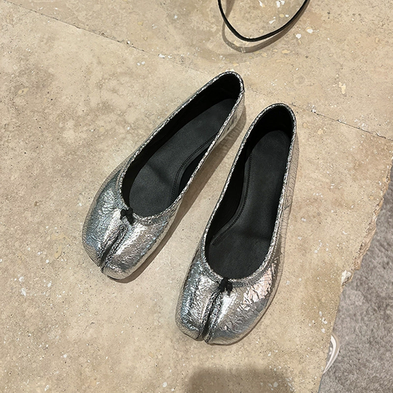 New Summer Split Toe Shoes Women Silver Hoof Shoes Loafer Slip On Flat Shallow Mouth