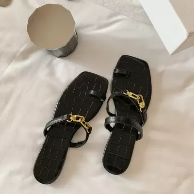New Summer Outdoor Slide Sandals Women Casual Crocodile Metal Buckle Toe Loop Flat Slippers