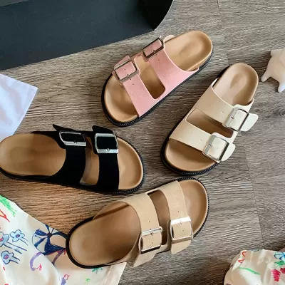 New Summer Retro Thick Sole Double Buckle Birkenstock Sandals Women Outdoor Slides
