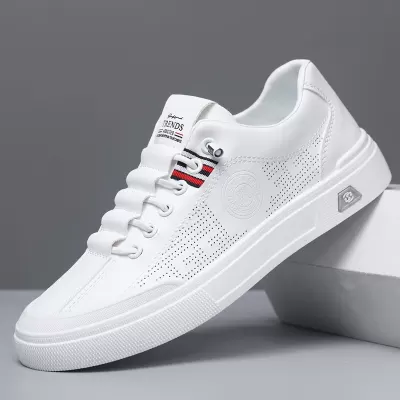 Export Men's Shoes Summer Hollow Casual Board Shoes, Leather Soft Sole Breathable, Height Increase White Sneakers · YANYAN China shoe factory