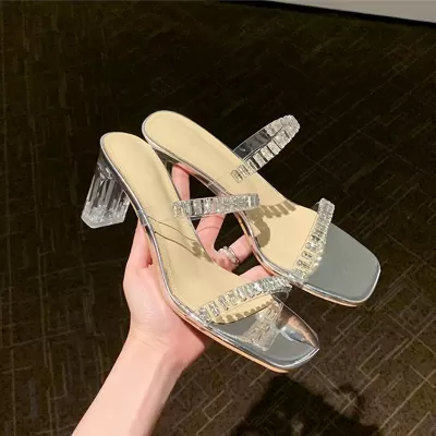 Summer New Fairy Square Toe One Strap Rhinestone PVC Transparent Chunky Heel Sandals Women Crystal Heel · YANYAN China shoe factory