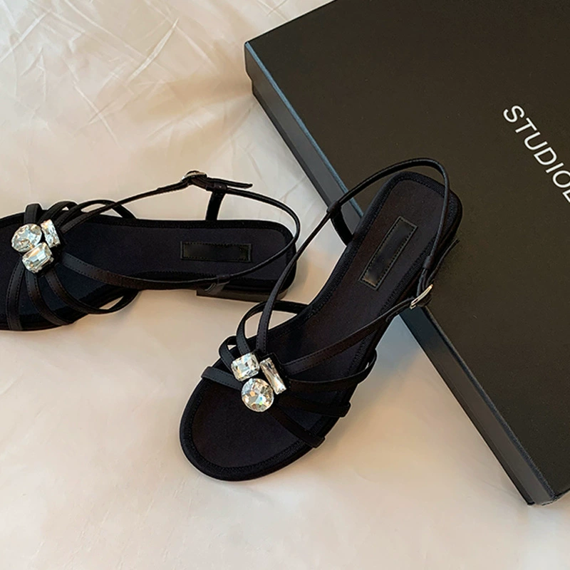 Nuevas sandalias de verano, moda, francesas, elegantes, retro, hebilla de gema, tira fina, cuña, punta abierta, mujer