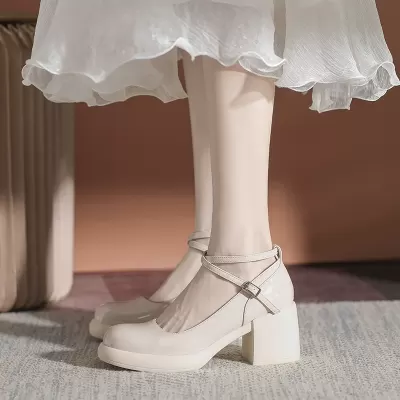 Genuine Leather French Mary Jane Shoes Women 2025 Summer Cross Strap High Heel Chunky Heel Retro Patent Leather