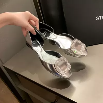 French Square Buckle Rhinestone Hollow Round Toe Flat Shallow Mouth Silver Flat Shoes Women New Summer · YANYAN China shoe factory