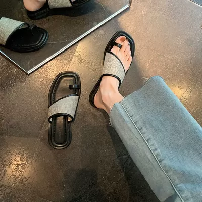 Chanel Style Toe Loop Slide Sandals Women Summer Outdoor New French Evening Elegant Flat Beach Slippers