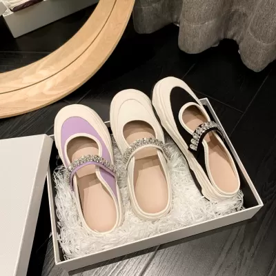 French Girl Style Mary Jane Canvas Shoes Women Summer One Strap Velcro Rhinestone Thick Sole Casual Flats 6075 · YANYAN China shoe factory