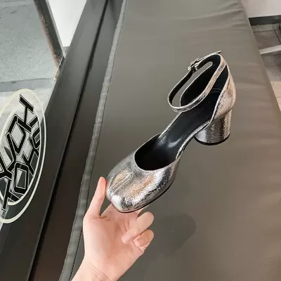 Soft Leather Mary Jane High Heel Shoes Women Chunky Heel Silver Round Toe Shallow Mouth Split Toe Hoof Shoes · YANYAN China shoe factory