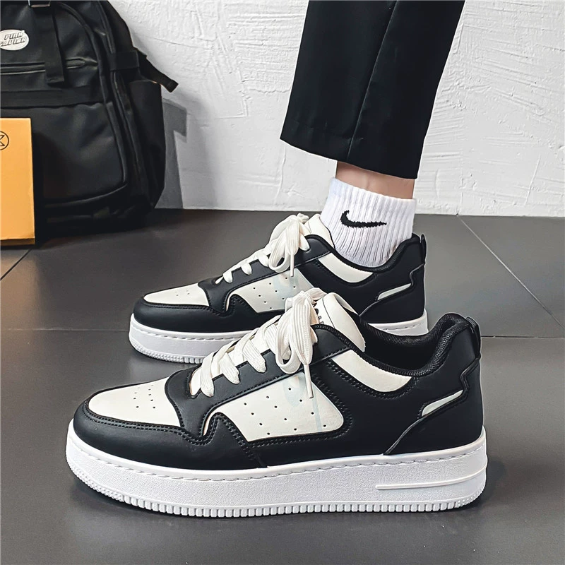 Men's Spring New Leather Breathable Casual Sneakers, Youth Fashion Thick Sole White Board Shoes