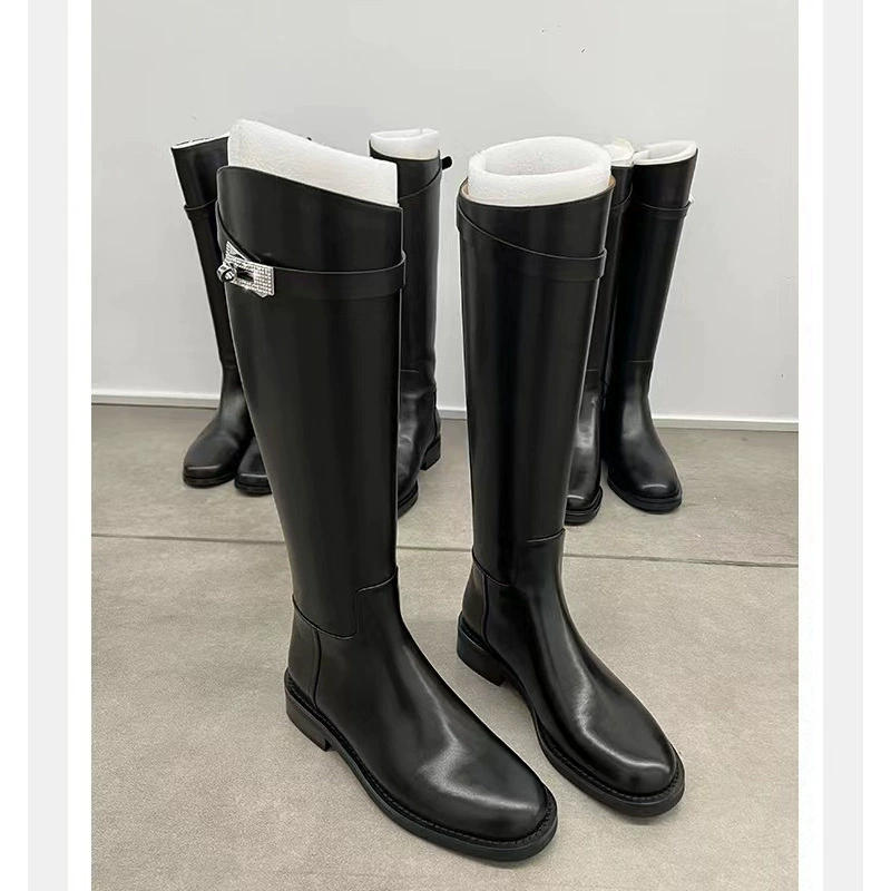 New Fall Winter Long Boots Women Fashion Thick Sole Round Toe Rhinestone Buckle High Top Knight Boots