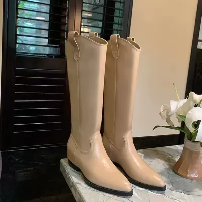 New Fall Winter Fashion V Cut Knee High Western Boots Pointed Toe Knight Mid Calf Boots Women