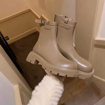 New Fall Winter Side Buckle Thick Sole Chunky Heel Slim Short Boots Chunky Heel Martin Boots Women