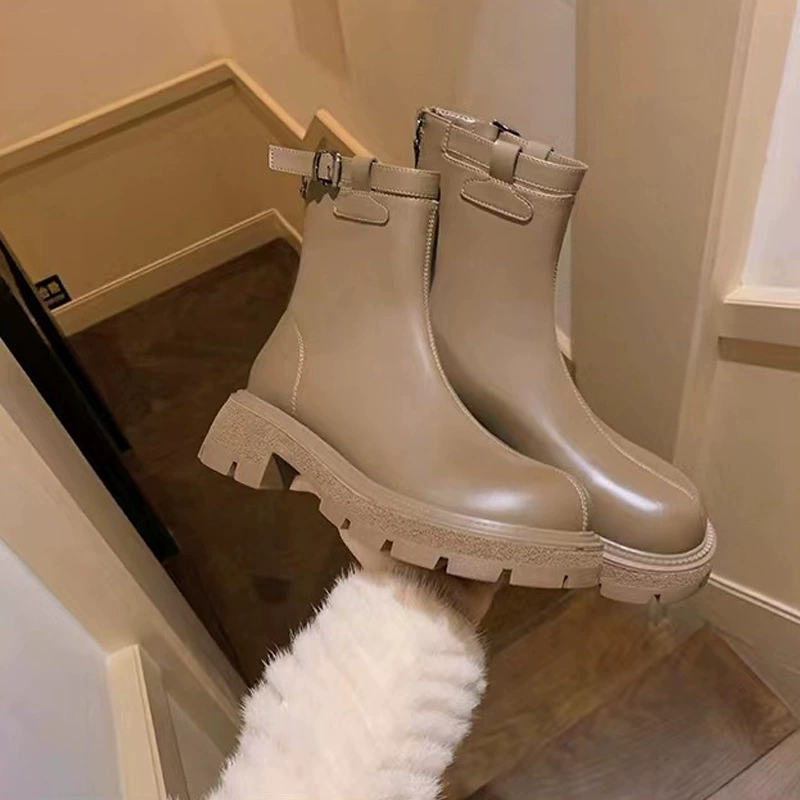 New Fall Winter Side Buckle Thick Sole Chunky Heel Slim Short Boots Chunky Heel Martin Boots Women