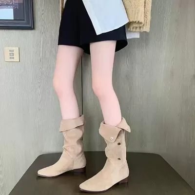 New Fall Winter Hot Girl Turn Down Collar Pleated Stacked Boots Pointed Toe Mid Calf Western Cowboy Boots Women · YANYAN China shoe factory