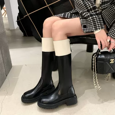 2026 Fall Winter New Color Block Round Toe Thick Sole Knight Boots Back Zipper High Top Boots Women · YANYAN China shoe factory