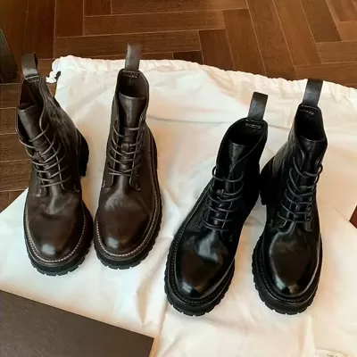 Fall Winter Motorcycle Short Boots Horsehide Round Toe British Lace Up Platform Martin Boots for Women
