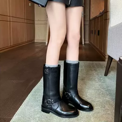 New 2023 Fall Winter Cool Vintage Leather Belt Buckle Mid Calf Platform Riding Boots for Women
