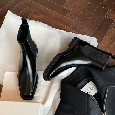 New Fall Winter British Style Square Toe Chelsea Boots Slim Chunky Heel Platform Genuine Leather Short Boots Women · YANYAN China shoe factory