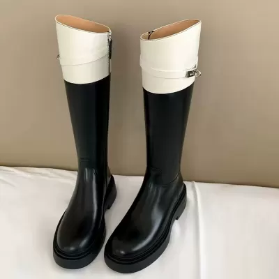 Platform Lock Buckle Knee High Boots 2023 Fall Winter New Round Toe Color Block High Top Riding Boots Women · YANYAN China shoe factory