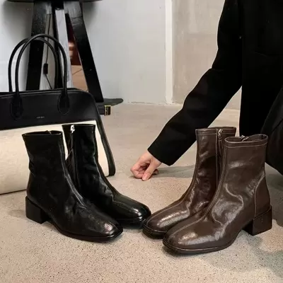 New Korean Style Fall Winter Square Toe Washed Horsehide Slim Short Boots Chunky Heel Martin Boots Women · YANYAN China shoe factory
