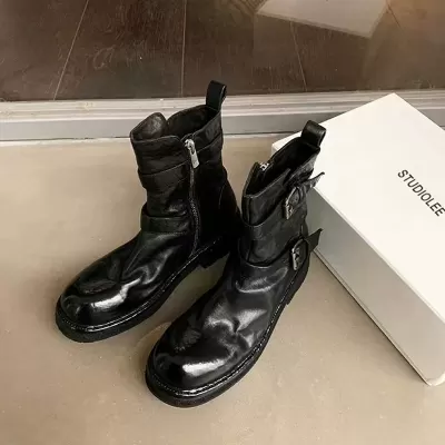 New Trend Washed Shrunken Soft Leather Slim Short Boots Women Double Belt Buckle Motorcycle Martin Boots