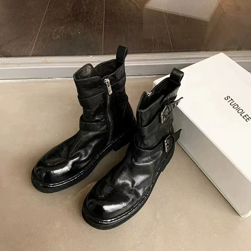 New Trend Washed Shrunken Soft Leather Slim Short Boots Women Double Belt Buckle Motorcycle Martin Boots