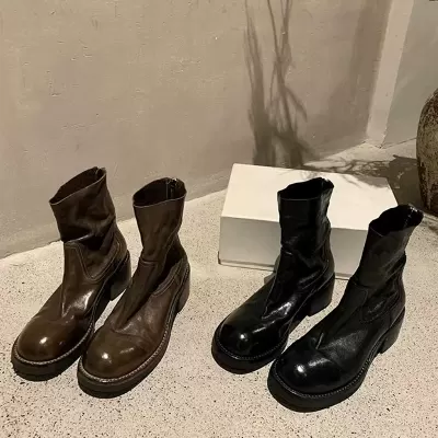 New Fall Winter Martin Boots Vintage Chunky Heel Back Zipper 6cm Washed Shrunken Horsehide Short Boots Women