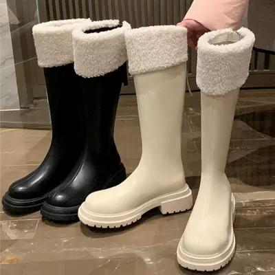 New Fall Winter Fleece Lined Platform Snow Boots Mid Calf Riding Boots Women Chunky Heel High Top