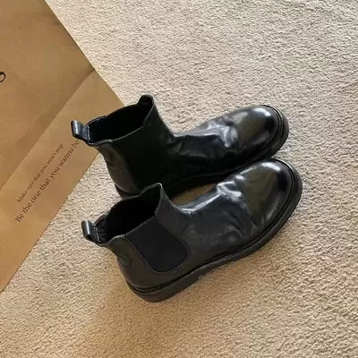 New Fall Winter Washed Horsehide Wrinkled Chunky Heel Platform Tube Elastic Boots Chelsea Short Boots Women · YANYAN China shoe factory
