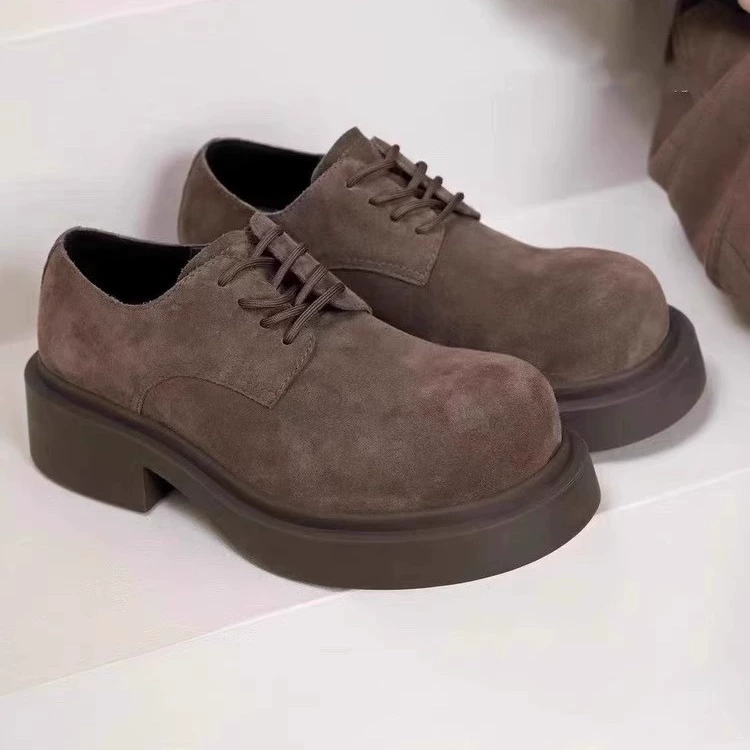 Zapatos Mujer Estación Europea Estilo Estrella 2025 Nuevo Cuero Genuino Tacón Grueso Cordones Británico Mickey Cabeza Grande