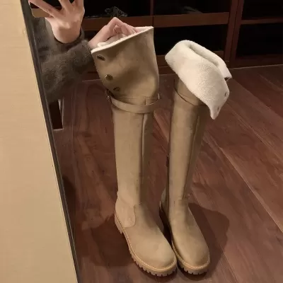 New Milan Poster Winter Warm Boots Over Knee Boots Round Toe Belt Buckle Snap Chunky Heel Elastic Long Boots · YANYAN China shoe factory