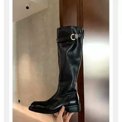 New Fall Winter High Top Boots Women Washed Horsehide Round Toe Belt Buckle Chunky Heel Platform Knee High Riding Boots · YANYAN China shoe factory