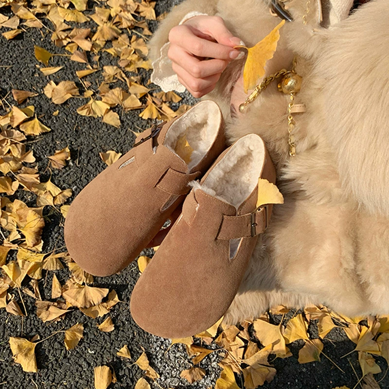 New Genuine Leather Clogs Women Vintage Full Coverage Fleece Lined Platform Warm Fur Shoes Slip On Casual