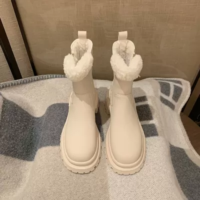 Winter New Platform Side Zipper Lamb Fur Snow Boots Thick Fleece Chunky Heel Platform Martin Boots