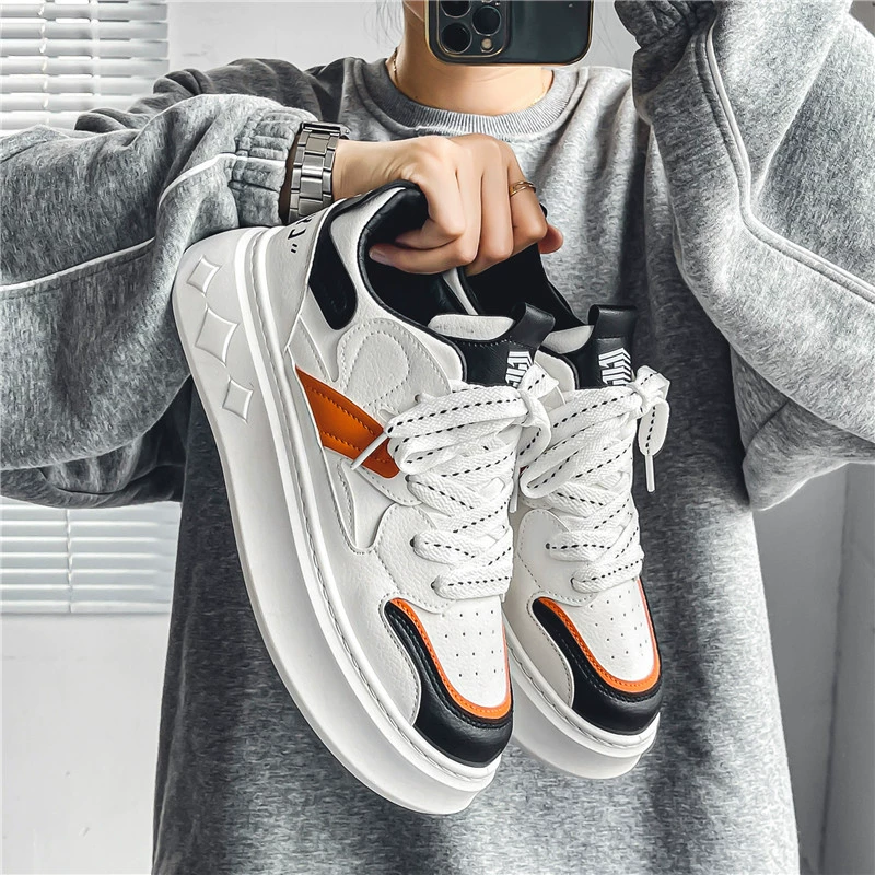 Men's Winter Casual Low Top Board Shoes Thick Sole Height Increasing White Sneakers