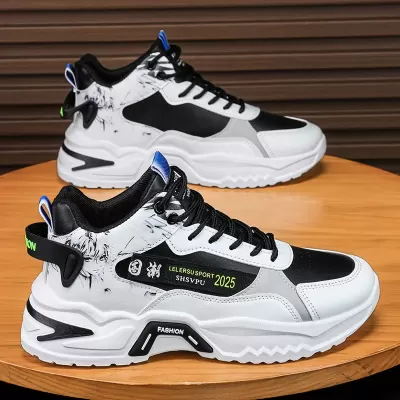 Men's Teenager Running Shoes 2026 Spring Thick Sole Height Increasing Mid Top Dad Sneakers · YANYAN China shoe factory