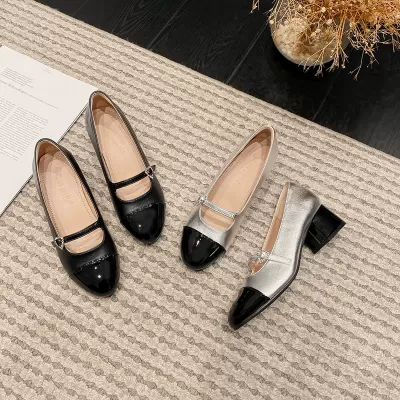 Same Style 2026 Spring New Color Block Love Rhinestone Buckle Chunky Heel Mary Jane Flat Shoes Women · YANYAN China shoe factory