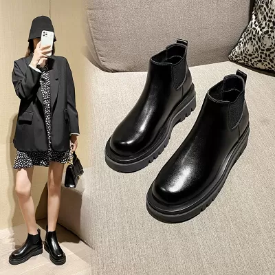 Chelsea Short Boots Women New Fall Winter Platform Genuine Leather Tube Boots Versatile Height Increase Short Boots Slim
