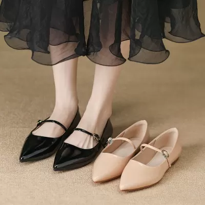 Women's Pointed Toe Patent Leather Flats with Ankle Strap, Spring Low Heel Shoes · YANYAN China shoe factory