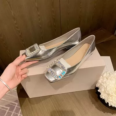 Women's Square Toe Silver Flats with Rhinestones, Soft Leather, Office Wear · YANYAN China shoe factory