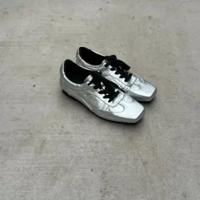 German Trainer Shoes Women Silver 2025 New Flat Sports Shoes European Style Lace-Up Niche Casual Large Size Low Heel