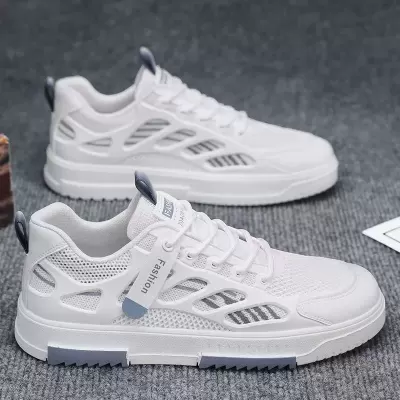 Men's Spring 2026 New Mesh Breathable Casual Sneakers, Youth Fashion Solid White Board Shoes · YANYAN China shoe factory