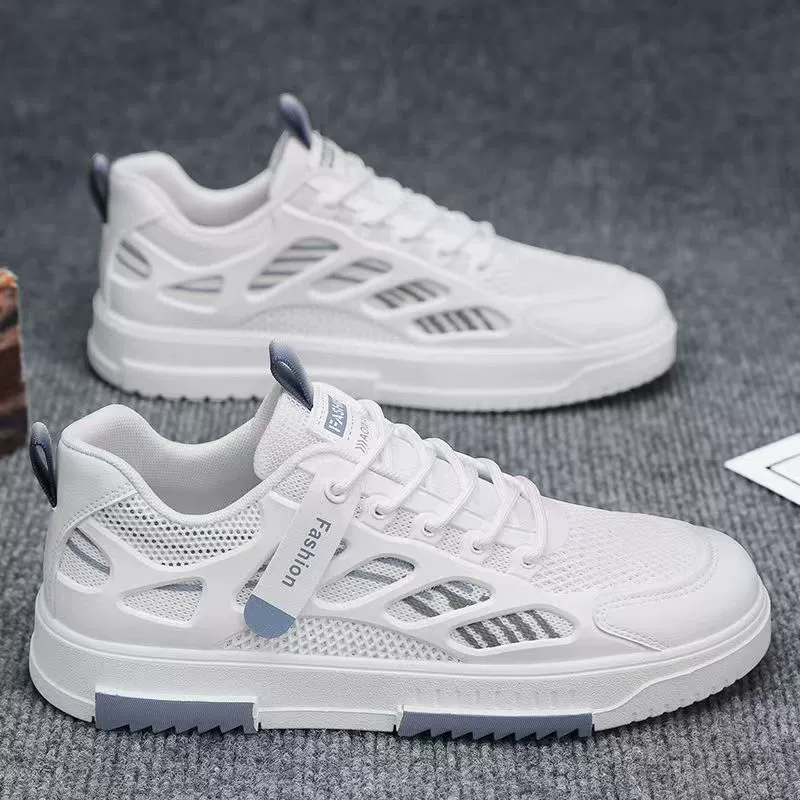 Men's Spring 2026 New Mesh Breathable Casual Sneakers, Youth Fashion Solid White Board Shoes