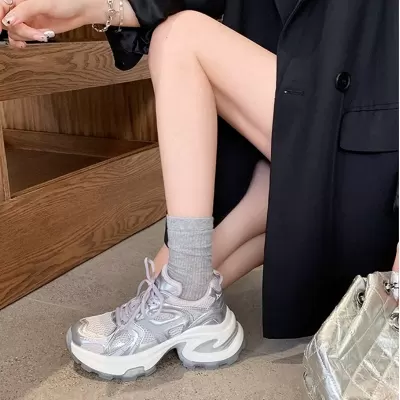 Women's High Top Sneakers with Mesh Upper, Thick Sole, Silver, Fall · YANYAN China shoe factory