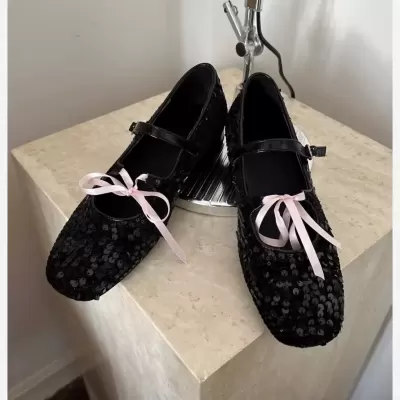 Korean Niche Sequins Mary Jane Shoes Women 2025 Summer New Lace-Up Chunky Heel Ballet Buckle Strap Pumps