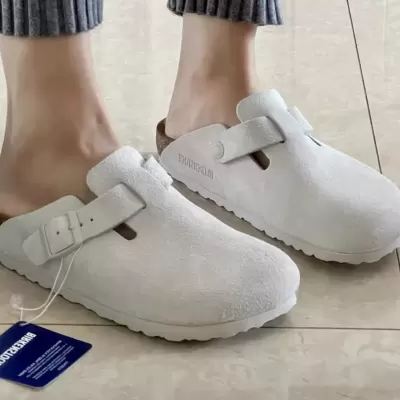 2025 Summer New White Birkenstock Shoes Genuine Leather Comfortable Thick Sole Soft Cork Low Heel Cowhide Toe Half Slippers Women