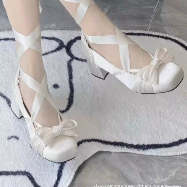 French Fairy Lace-Up Pumps Ballet Bow Toe Chunky Heel Lolita Shoes Niche Wanwan Style Chunky Sole · YANYAN China shoe factory