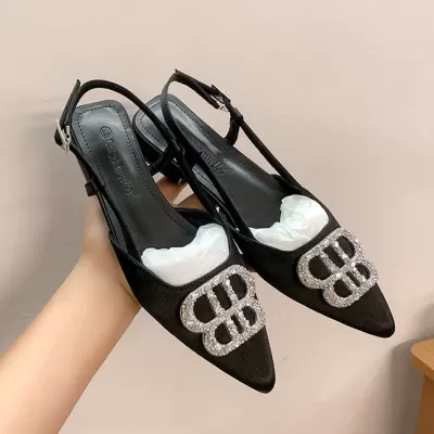 Women's Silver Pointed Toe Heels with Rhinestones, Chunky Heel, Office · YANYAN China shoe factory