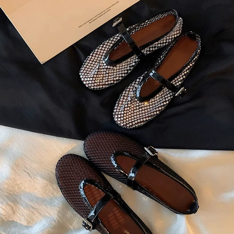 Women's Round Toe Mary Jane Flats with Rhinestone Buckle, Flat Sole, Summer
