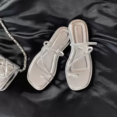 Women's Rhinestone Thong Sandals with Flat Sole, Fairy Style, Summer Slippers